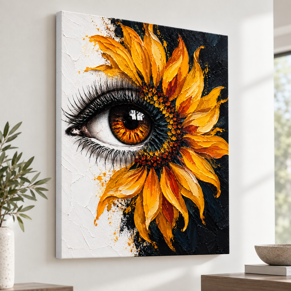 Golden Sunflower Eye Surreal Floral Canvas Wall Art