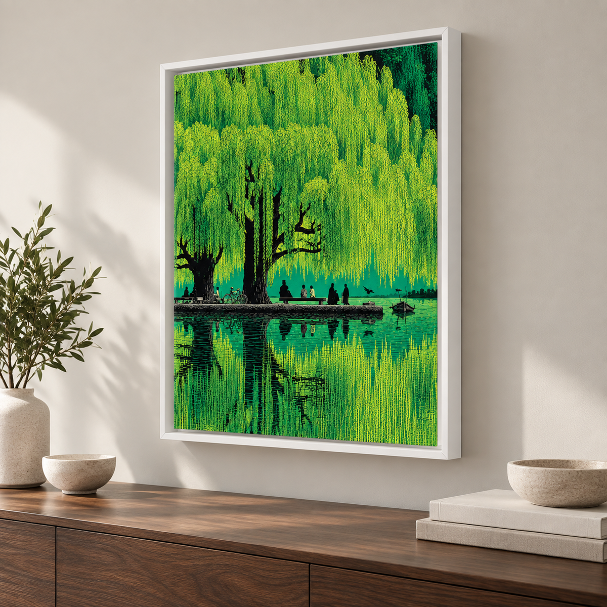 Weeping Willow Lake Green Landscape Canvas Wall Art - canvas detail view 8