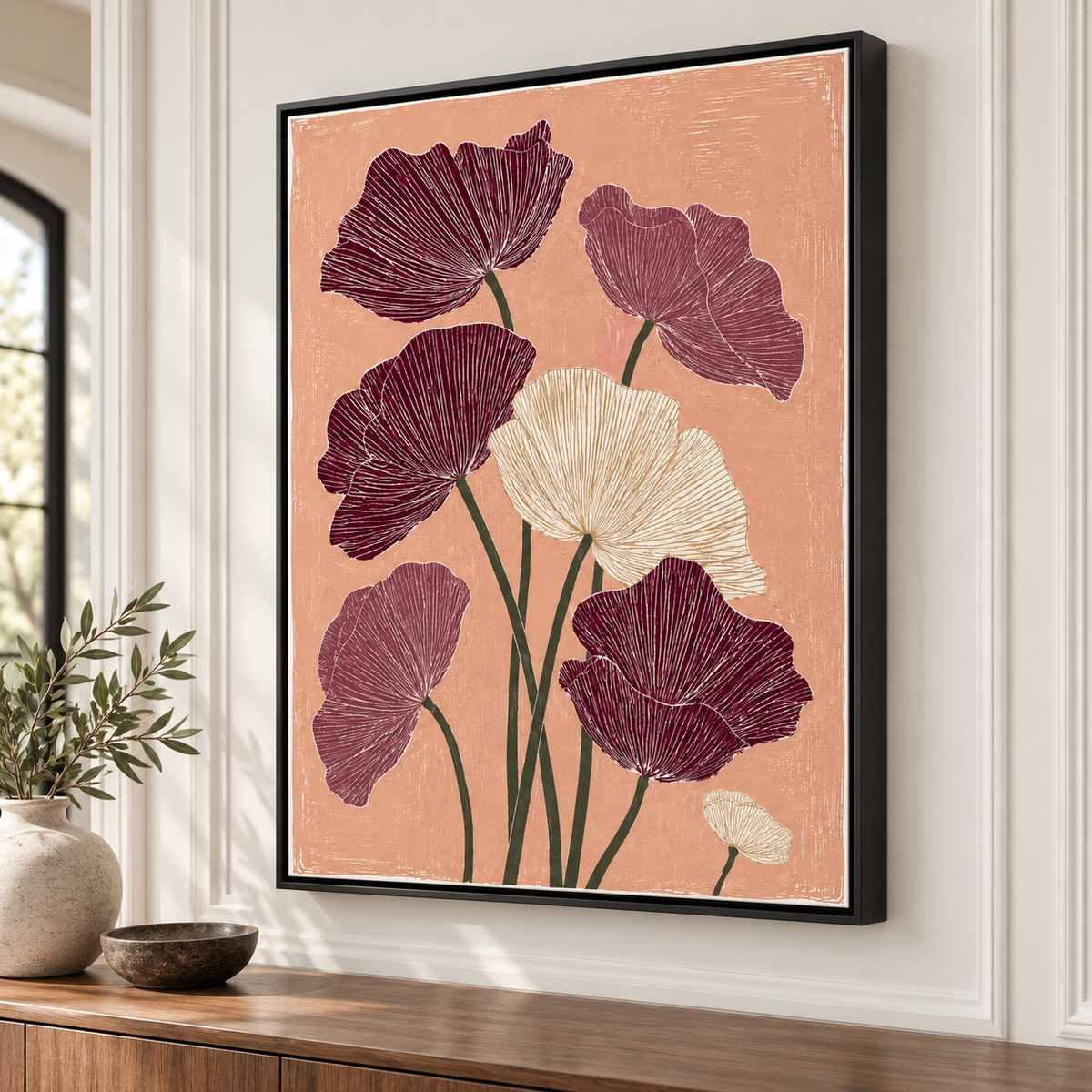 Burgundy and Cream Boho Floral Canvas Wall Art - lifestyle room mockup