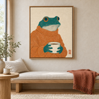 Cozy Frog with Coffee Canvas Wall Art