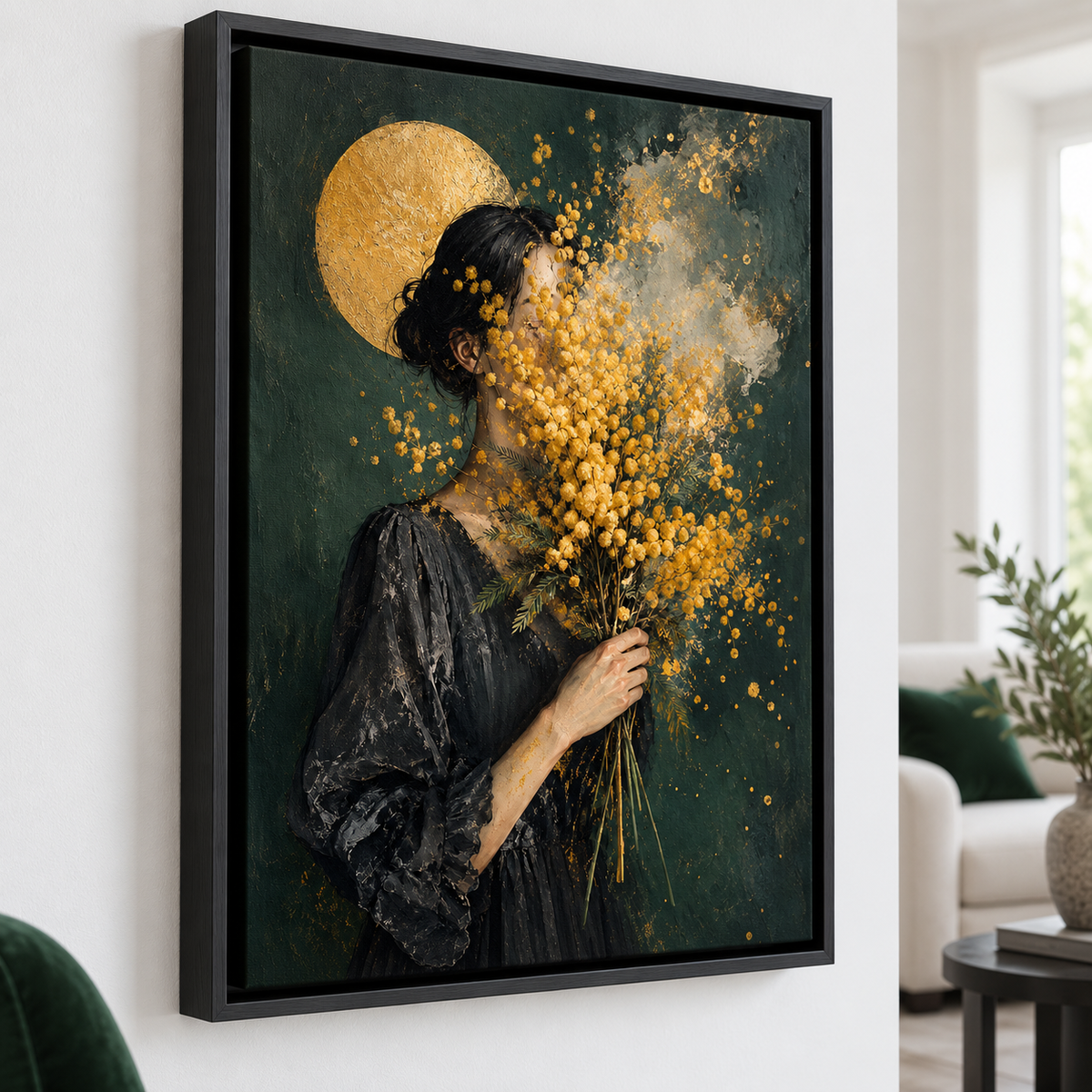 Woman with Golden Flowers Portrait Canvas Wall Art - canvas detail view 10