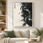 Japanese Black Cat Green Eye Canvas Wall Art