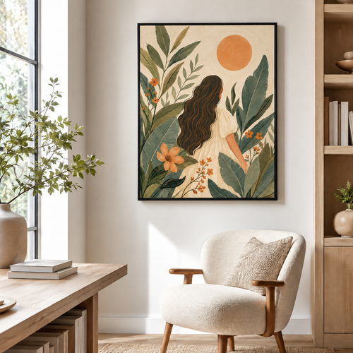 Boho Woman with Tropical Leaves Canvas Wall Art