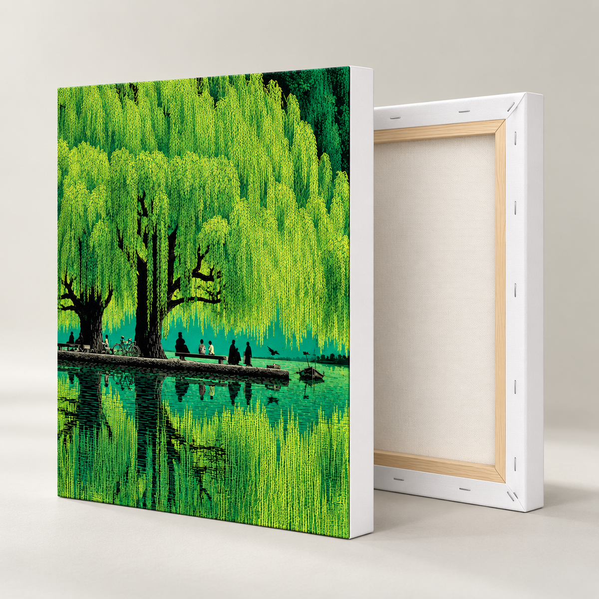 Weeping Willow Lake Green Landscape Canvas Wall Art - canvas detail view 9