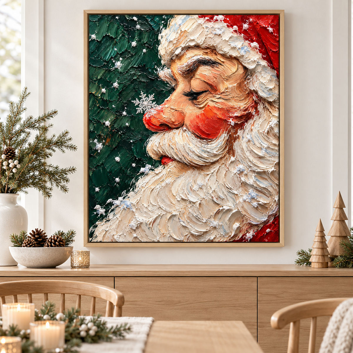 Santa Claus Snowflake Portrait Christmas Canvas Wall Art - lifestyle room mockup