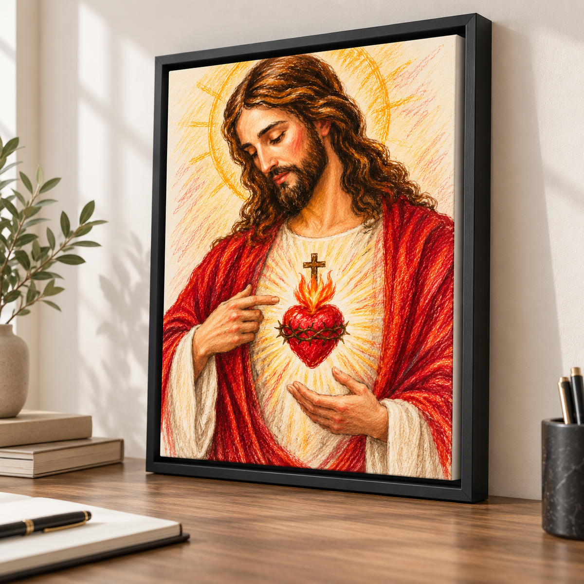 Sacred Heart of Jesus Pencil Style Canvas Wall Art - lifestyle room mockup