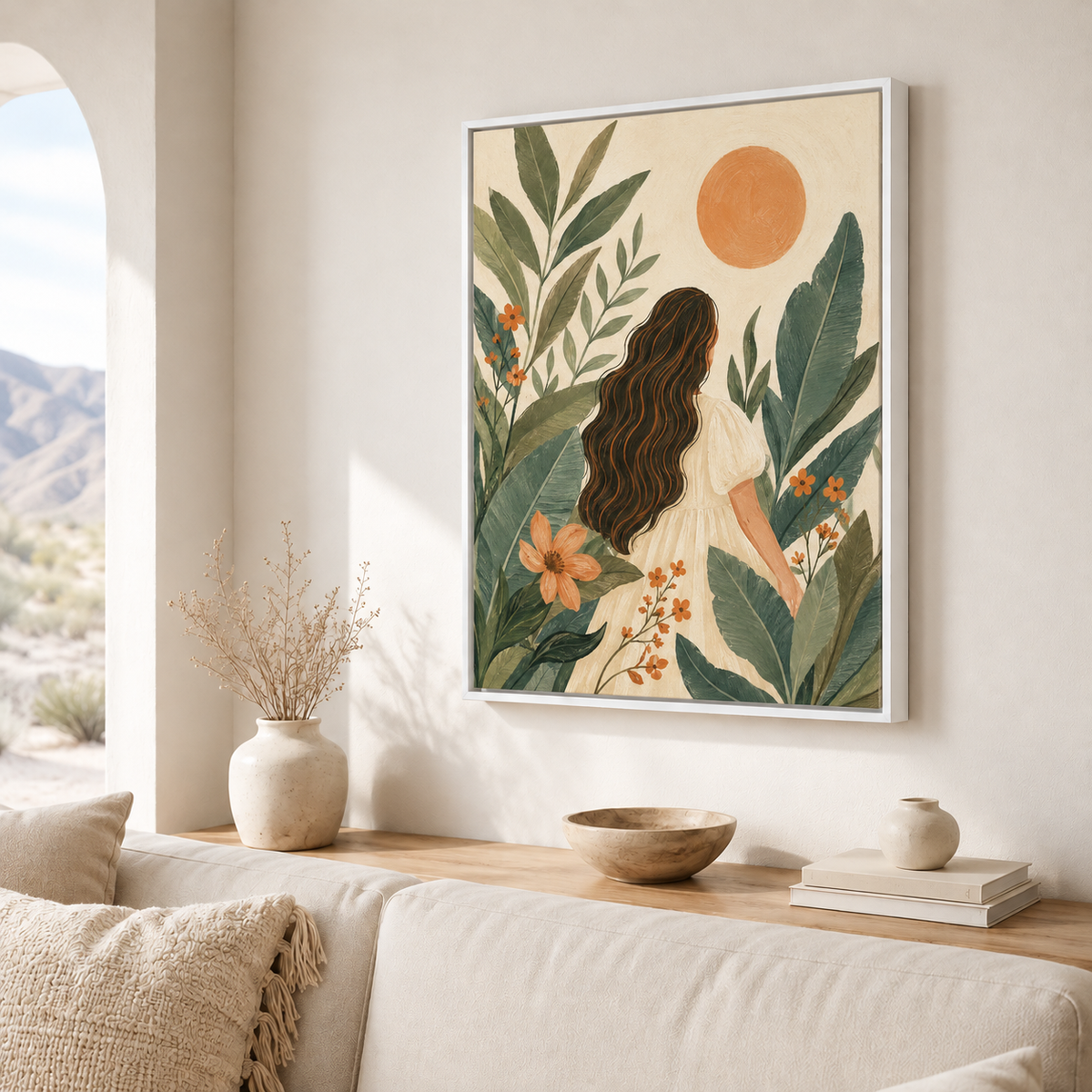 Boho Woman with Tropical Leaves Canvas Wall Art