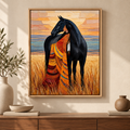 Woman and Black Horse Western Canvas Wall Art - main canvas artwork