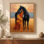 Woman and Black Horse Western Canvas Wall Art - main canvas artwork