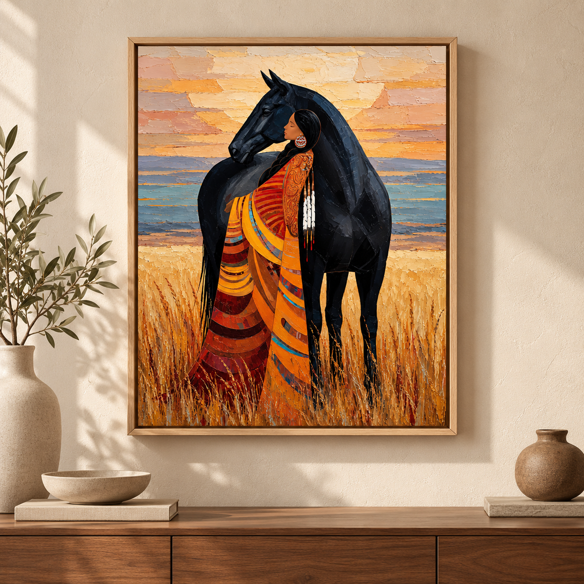 Woman and Black Horse Western Canvas Wall Art - main canvas artwork