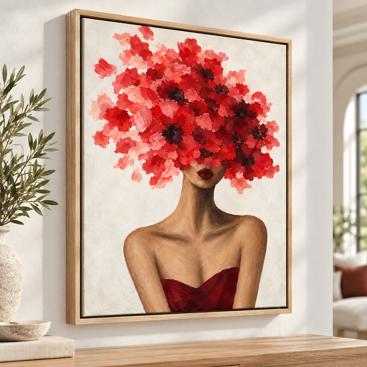 Red Floral Woman Portrait Canvas Wall Art