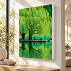 Weeping Willow Lake Green Landscape Canvas Wall Art - canvas detail view 4