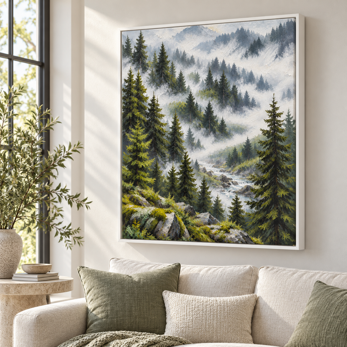 Misty Evergreen Forest and Mountain Stream Canvas Wall Art