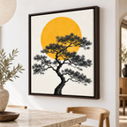 Japanese Pine Tree with Golden Sun Canvas Wall Art