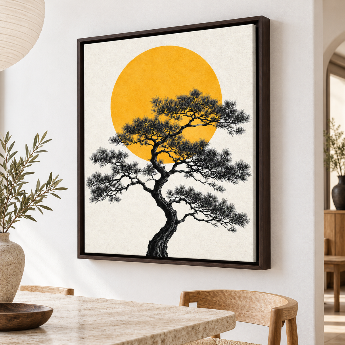 Japanese Pine Tree with Golden Sun Canvas Wall Art