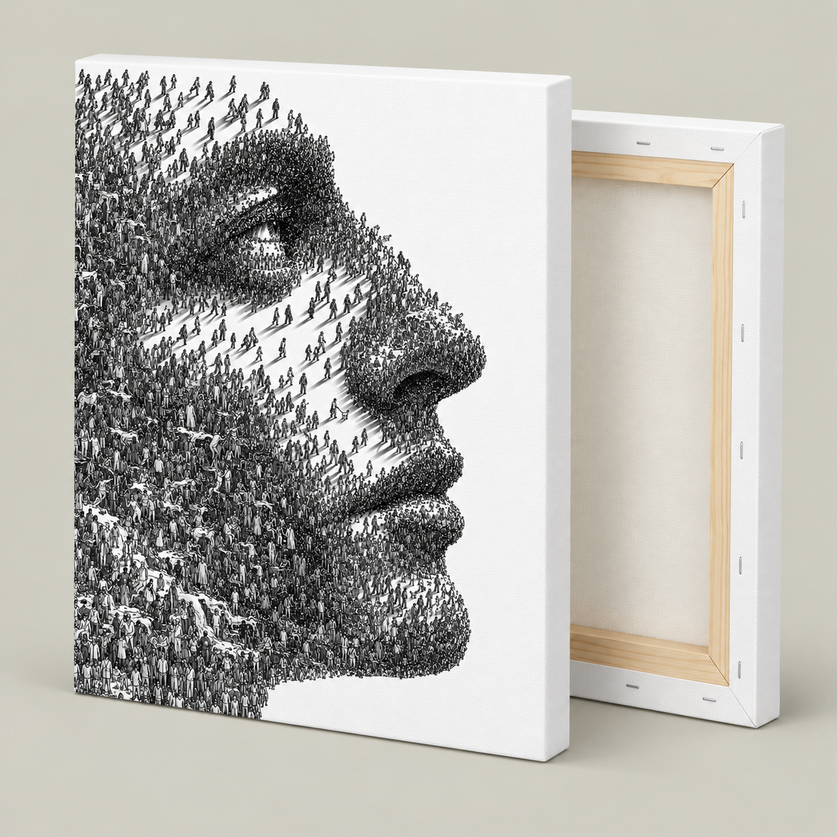 Black and White Crowd Face Portrait Canvas Wall Art - canvas detail view 11