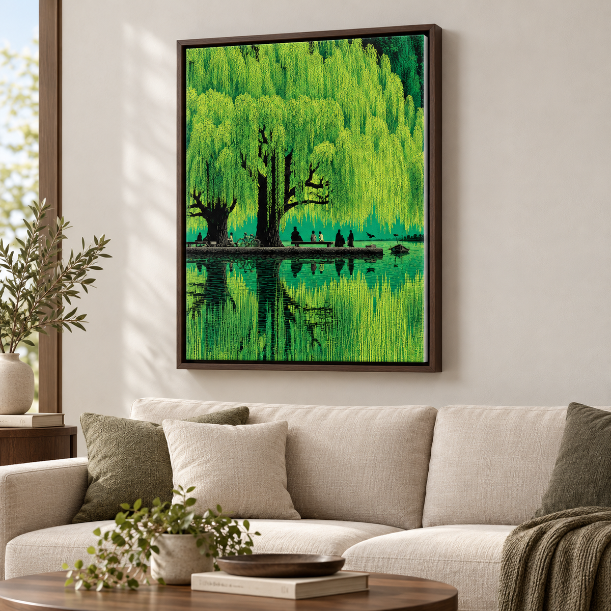 Weeping Willow Lake Green Landscape Canvas Wall Art - canvas detail view 7