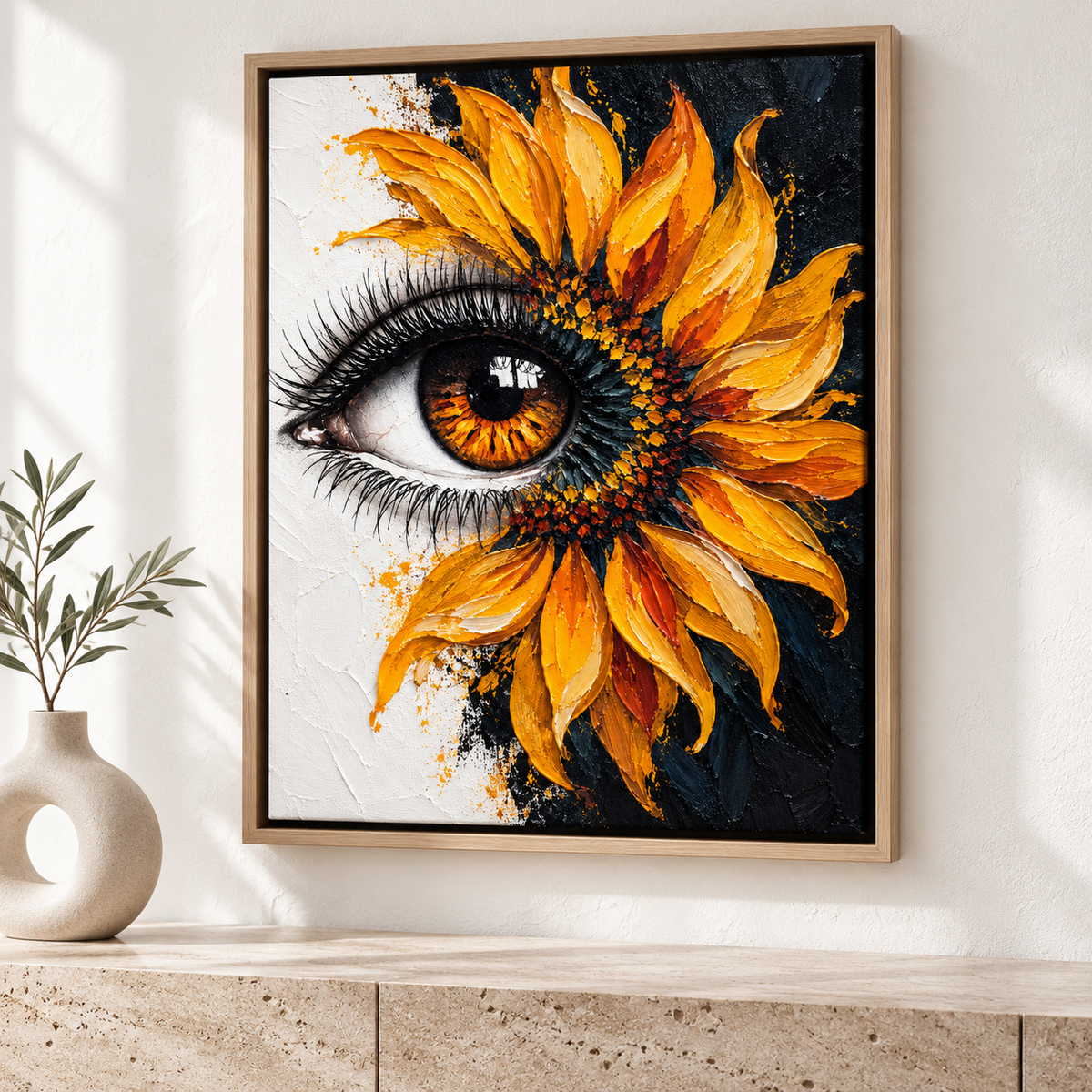 Golden Sunflower Eye Surreal Floral Canvas Wall Art