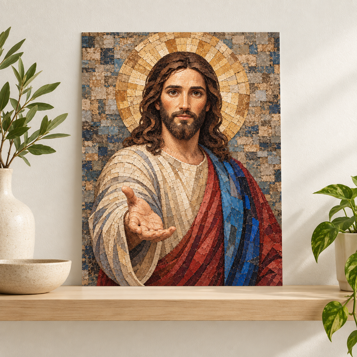 Jesus Christ Blue and Gold Mosaic Canvas Wall Art - canvas detail view 8