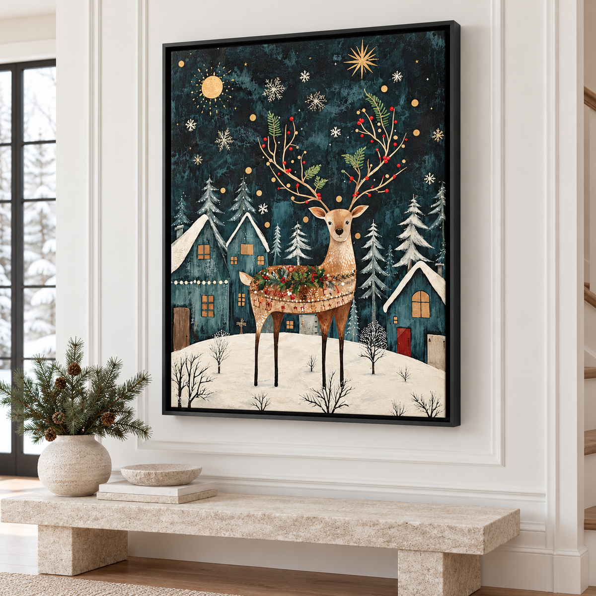 Christmas Reindeer in Snowy Village Canvas Wall Art - canvas detail