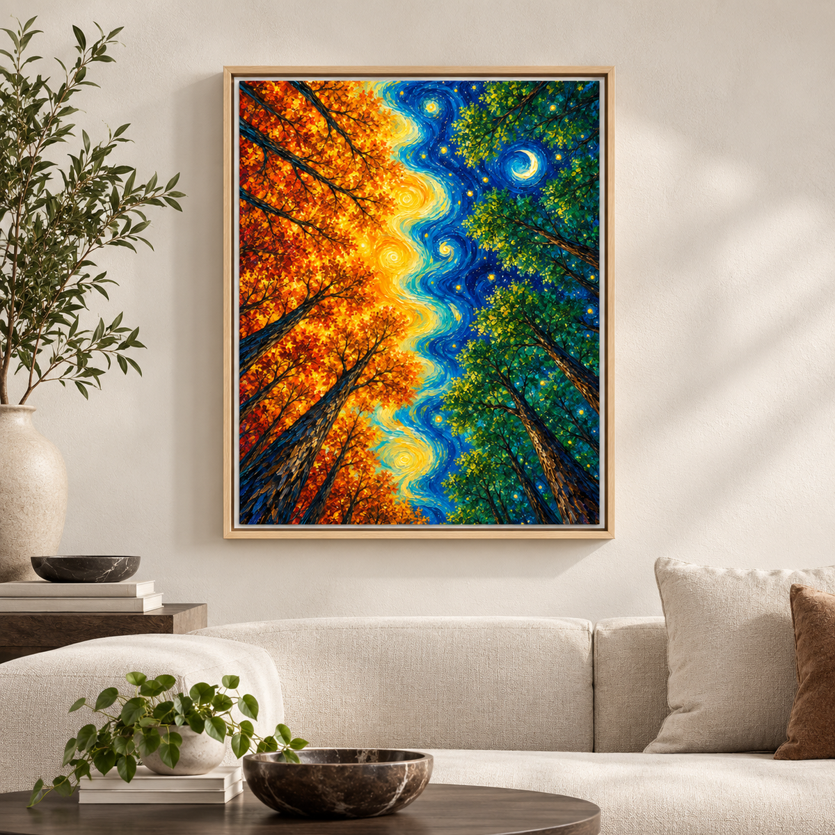 Day and Night Forest Sun and Moon Canvas Wall Art - main canvas artwork