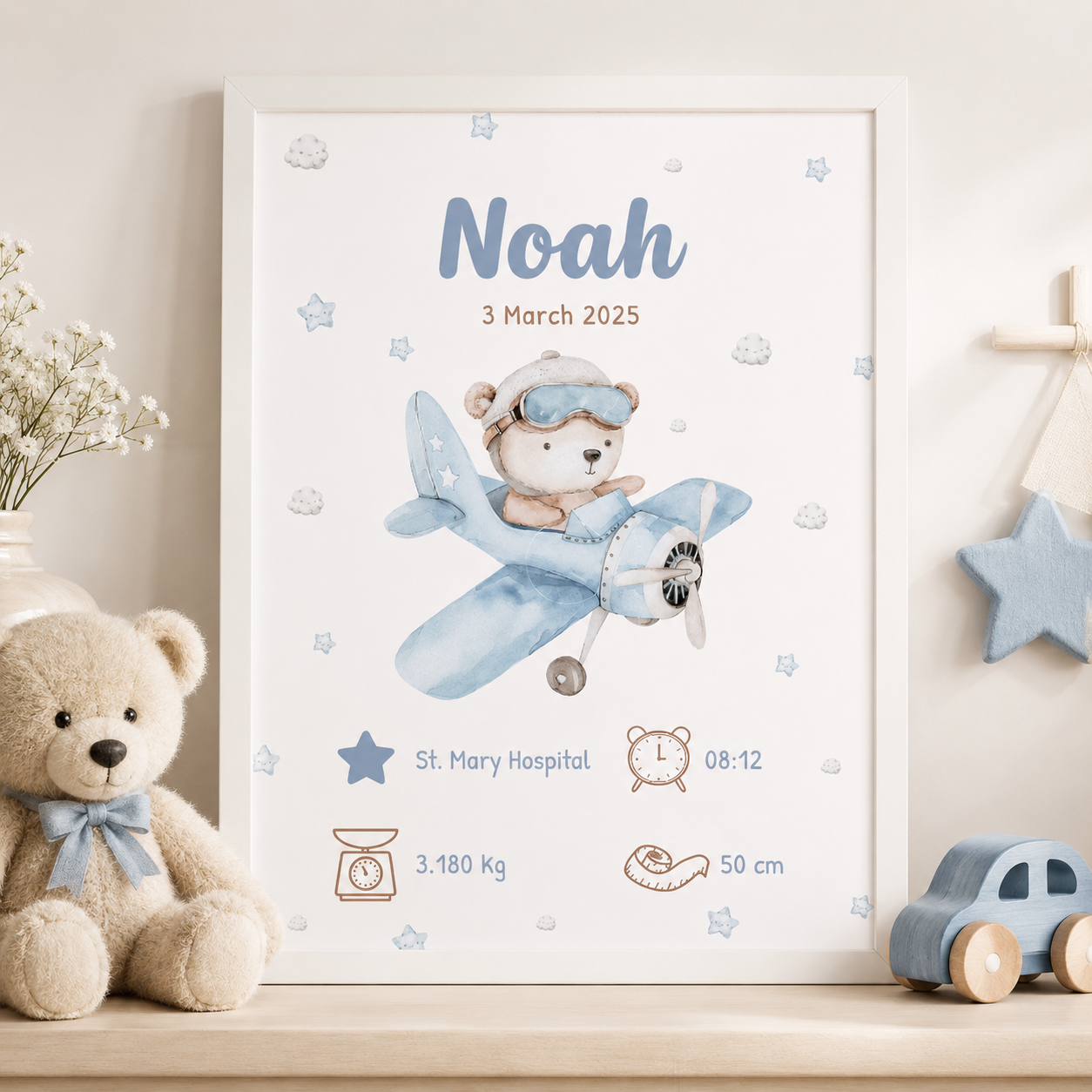 Little Aviator Personalized Baby Birth Stats Canvas Aura Canvas