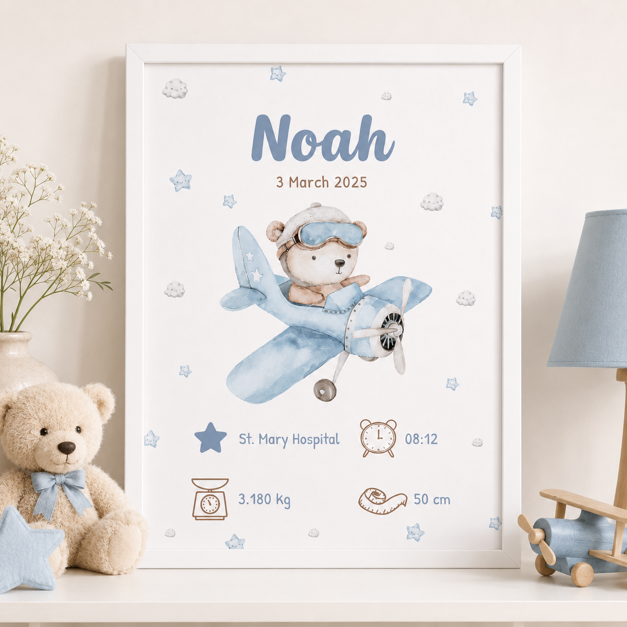 Little Aviator Personalized Baby Birth Stats Canvas Aura Canvas