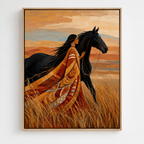 Woman and Black Horse Canvas Wall Art