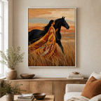 Woman and Black Horse Canvas Wall Art