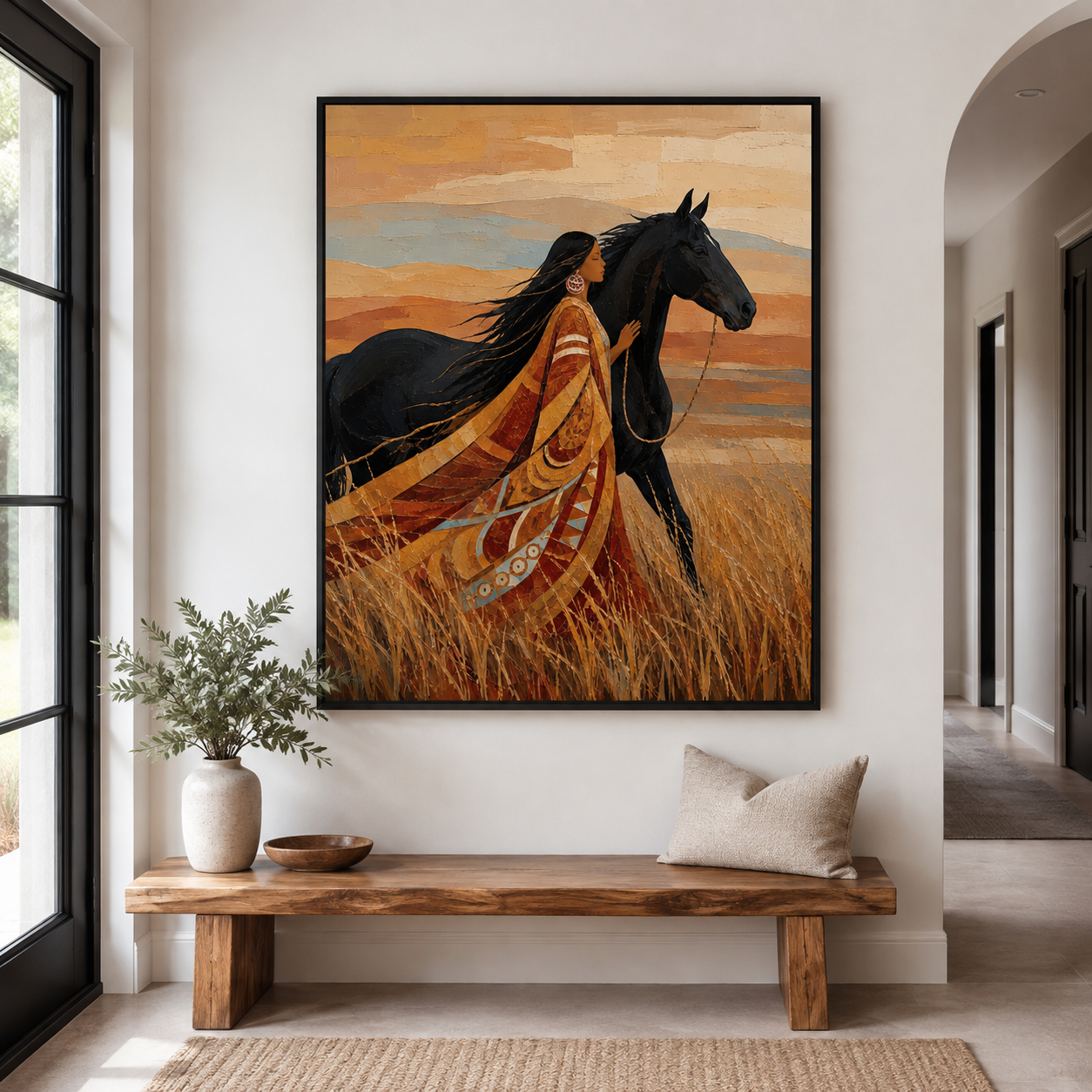 Woman and Black Horse Canvas Wall Art