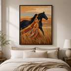 Woman and Black Horse Canvas Wall Art