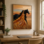 Woman and Black Horse Canvas Wall Art