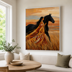 Woman and Black Horse Canvas Wall Art