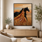 Woman and Black Horse Canvas Wall Art