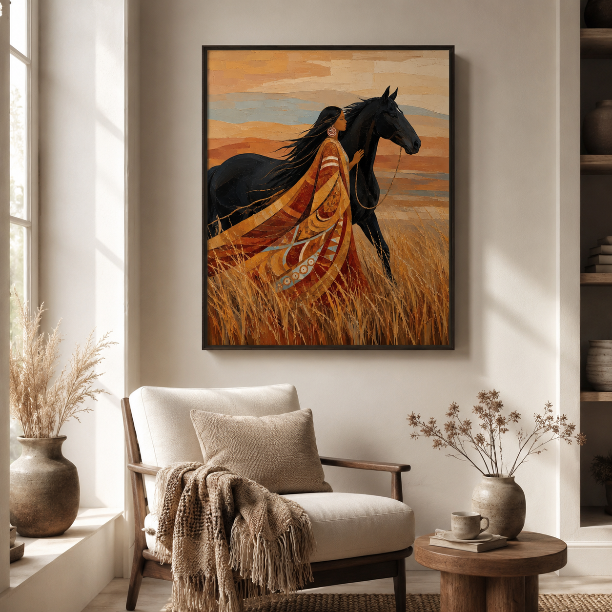 Woman and Black Horse Canvas Wall Art