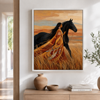 Woman and Black Horse Canvas Wall Art