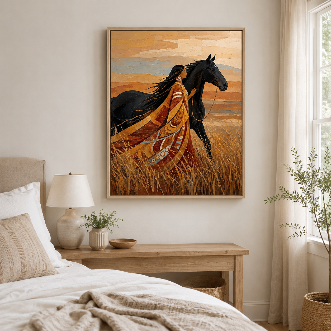 Woman and Black Horse Canvas Wall Art