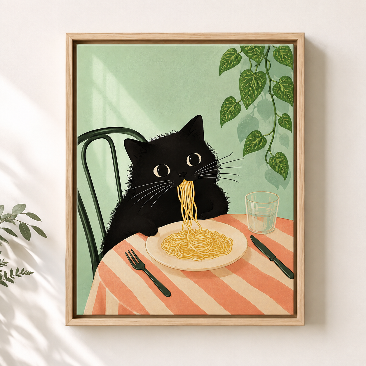 Black Cat Eating Spaghetti Canvas Wall Art
