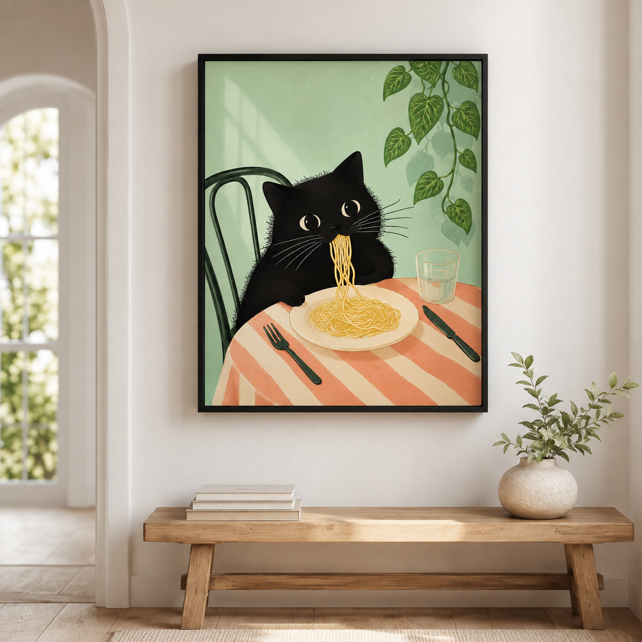 Black Cat Eating Spaghetti Canvas Wall Art