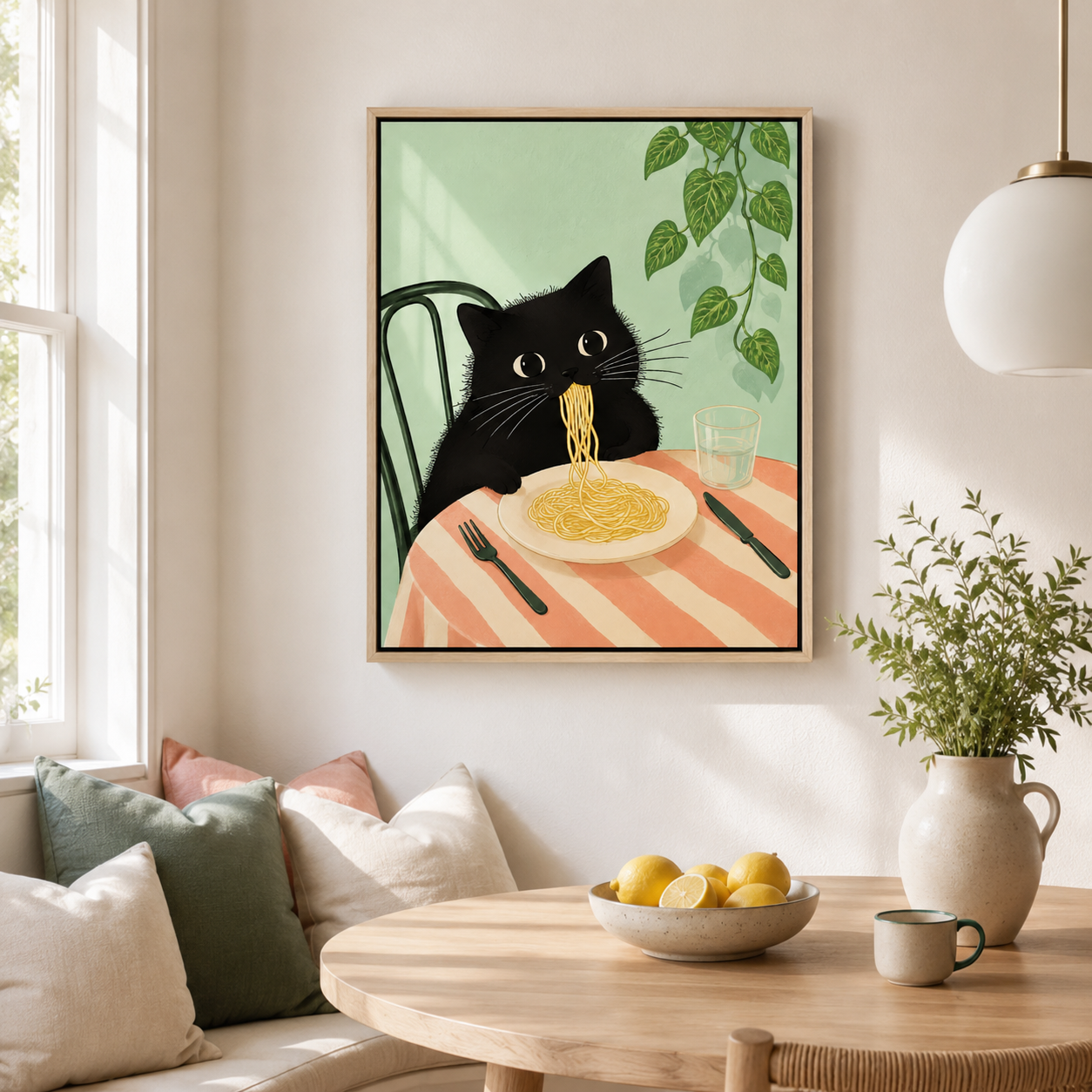 Black Cat Eating Spaghetti Canvas Wall Art