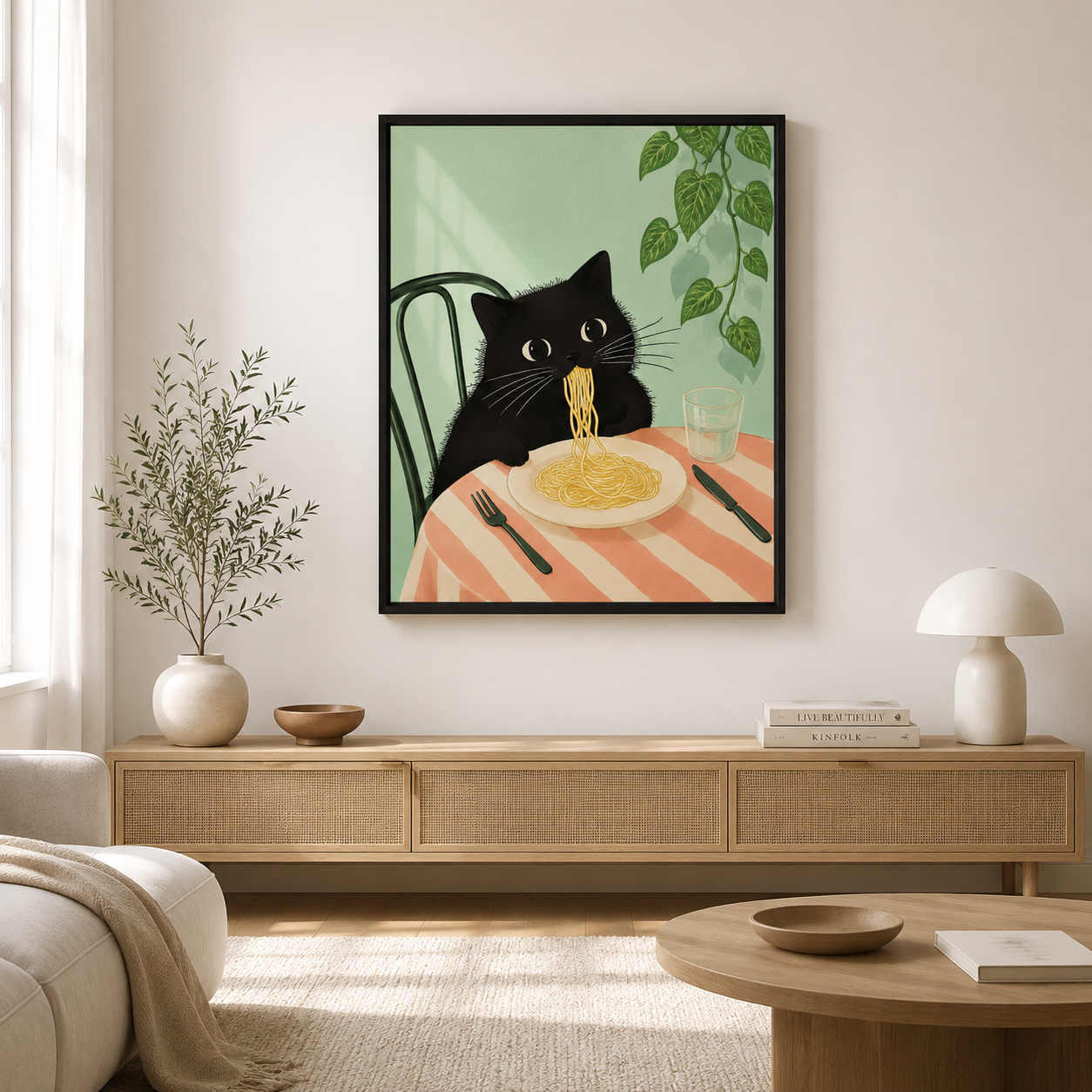 Black Cat Eating Spaghetti Canvas Wall Art