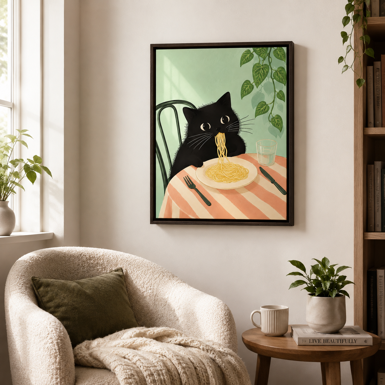 Black Cat Eating Spaghetti Canvas Wall Art