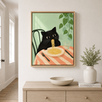 Black Cat Eating Spaghetti Canvas Wall Art