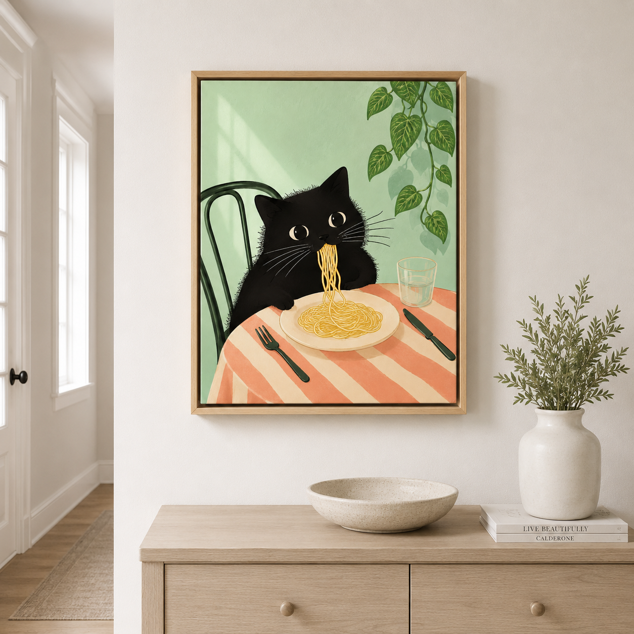 Black Cat Eating Spaghetti Canvas Wall Art