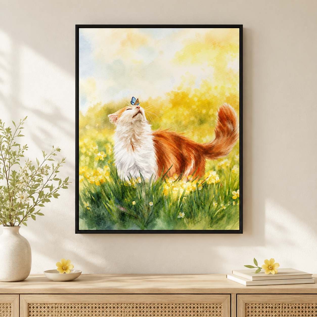 Watercolor Meadow Cat Canvas Wall Art Aura Canvas