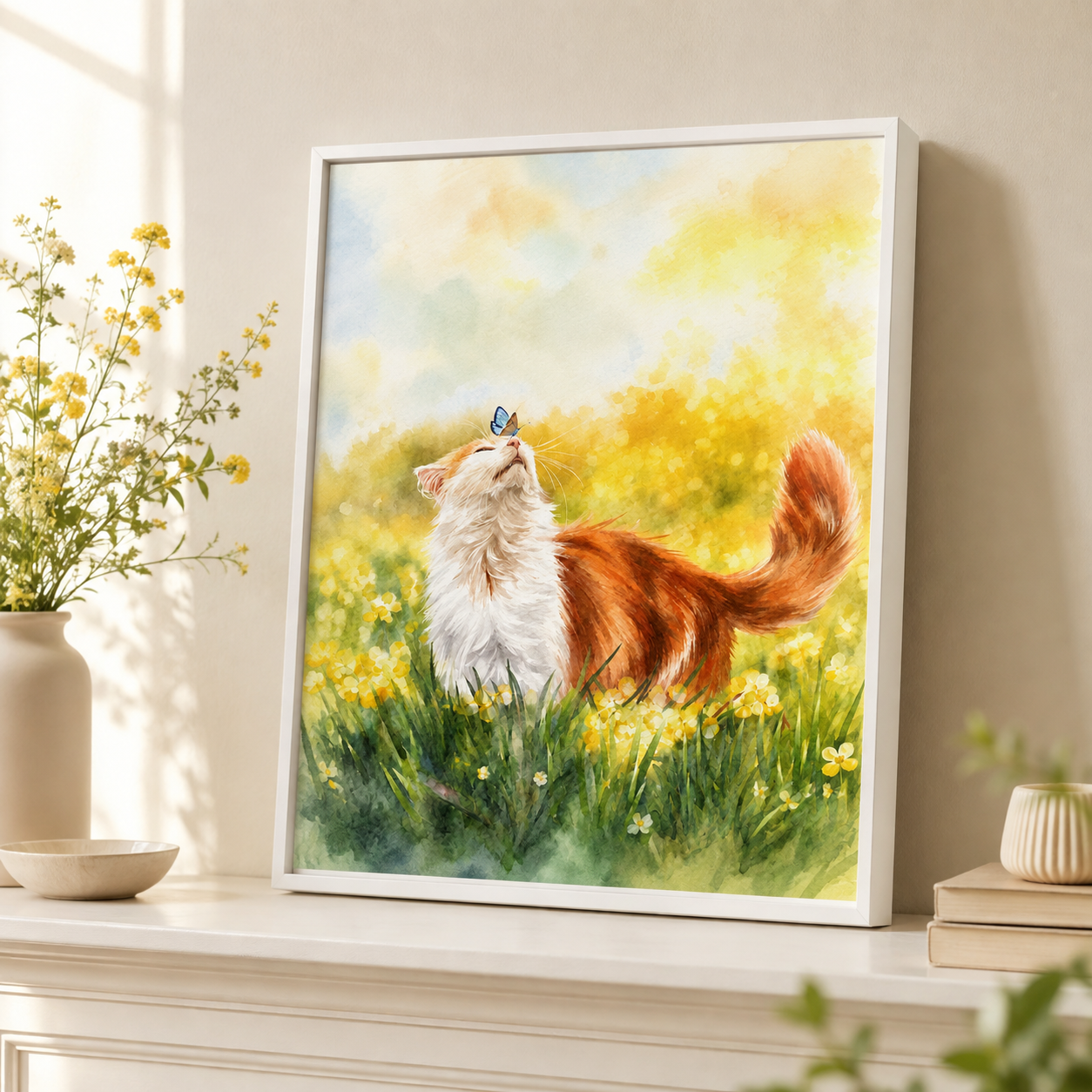 Watercolor Meadow Cat Canvas Wall Art Aura Canvas