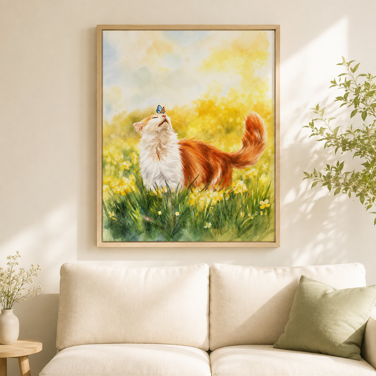 Watercolor Meadow Cat Canvas Wall Art Aura Canvas