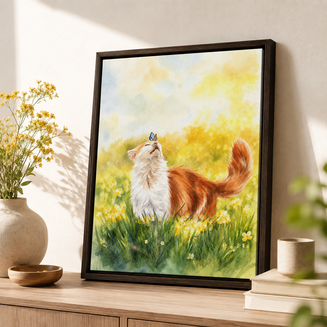 Watercolor Meadow Cat Canvas Wall Art Aura Canvas