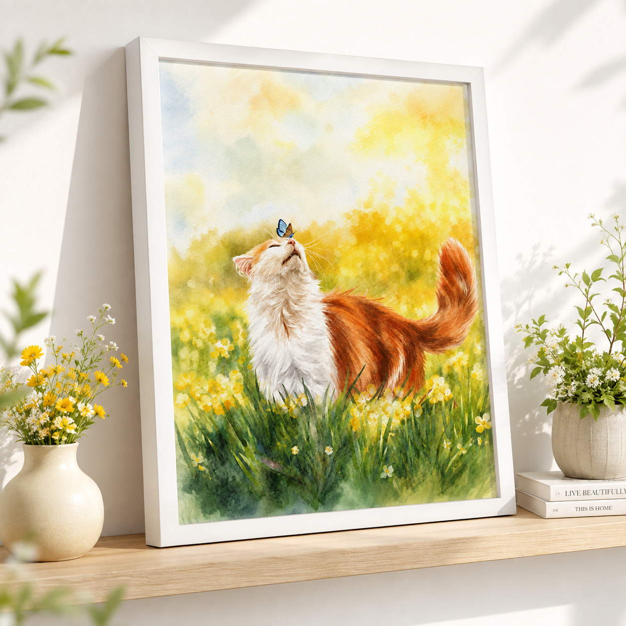Watercolor Meadow Cat Canvas Wall Art Aura Canvas
