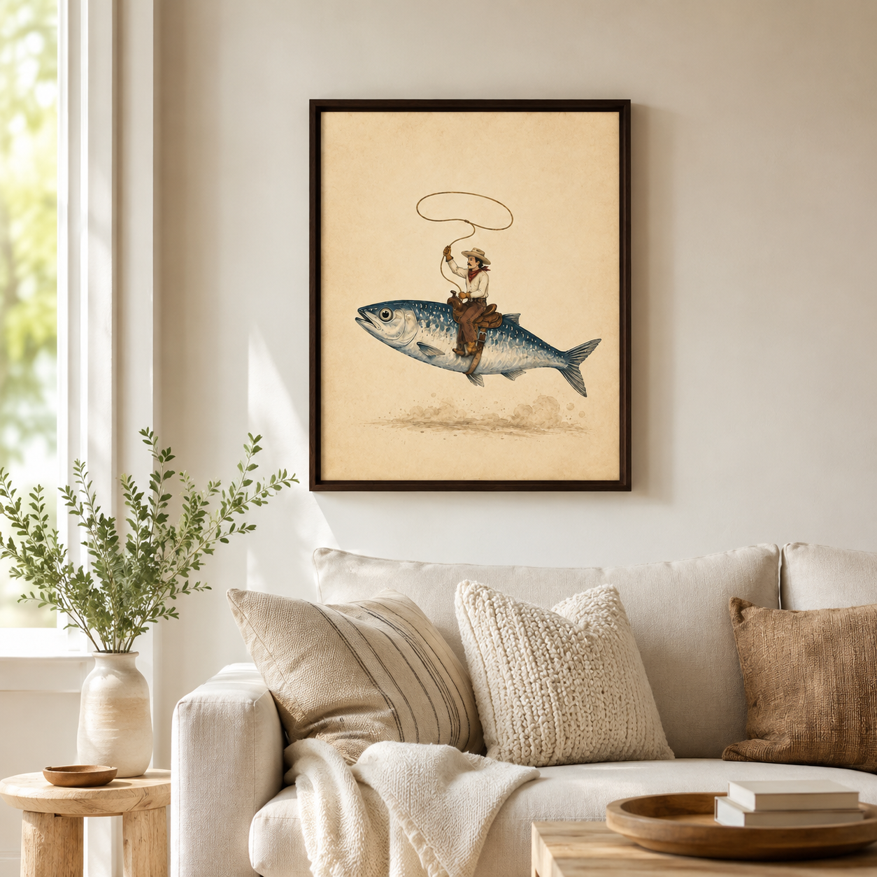 Flying Fish Cowboy Canvas Wall Art Aura Canvas